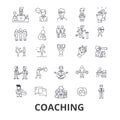 Coaching, sport coach, mentor, coach bus, life coach, training, trainer, whistle line icons. Editable strokes. Flat