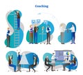 Coaching vector illustration.Collection set of business and personality growth teamwork workshops.Trainer and mentor presentation.
