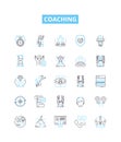 Coaching vector line icons set. Coaching, Tutoring, Training, Mentoring, Educating, Guiding, Instructing illustration