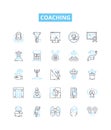 Coaching vector line icons set. Coaching, Tutoring, Training, Mentoring, Educating, Guiding, Instructing illustration