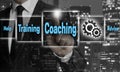 Coaching window concept is shown by businessman Royalty Free Stock Photo