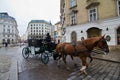 Coachman in ancient clothes drive a fiacre with two horses, running away from rain, traditional royal transport in Hofburg