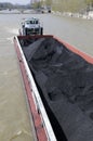 Coal barge and tug boat heading up the Seine River, Paris, ÃÅ½le-de-France Royalty Free Stock Photo