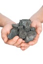 Coal coke in hand on white background