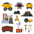 Coal extraction production mining heavy industry coalminer underground work transportation vector illustration