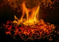 Coal fire with hot embers, close-up. Royalty Free Stock Photo