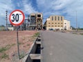 Coal Fired Power Plant Project. 30km maximal speed sign. Royalty Free Stock Photo