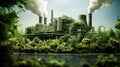 Coal-fired power station overgrown with grass, moss and plants release carbon emissions. Greenhouse effect, global warming, Royalty Free Stock Photo