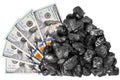 Coal heap and hundred dollar banknotes on white background isolated close up, black coal rock, money bundle, mineral fossil fuel Royalty Free Stock Photo