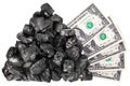 Coal heap and one dollar banknotes on white background isolated close up, black coal rock, money bundle, mineral fossil fuel price Royalty Free Stock Photo