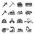 Coal industry, mine bold black silhouette icons set isolated on white. Excavator, hammer, pickaxe. Royalty Free Stock Photo