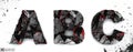 Coal letters A, B, C.on white background, 3d rendering, isolated. Ember alphabet isolated, path save, font.