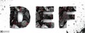 Coal letters D, E, F.on white background, 3d rendering, isolated. Ember alphabet isolated, path save, font.