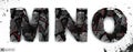 Coal letters M, N, O.on white background, 3d rendering, isolated. Ember alphabet isolated, path save, font.