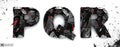 Coal letters P, Q, R.on white background, 3d rendering, isolated. Ember alphabet isolated, path save, font.
