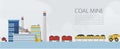 Coal mine factory vector illustration. Mining and mineral excavation equipment flat banner with carbon trucks