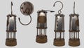 Coal miners lamp. Multiple views from side and above. Traditional paraffin lamp used in British coal mines