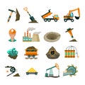 Coal mining equipment flat icons set