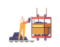 Coal Mining, Extraction Industry Concept. Miner Character Load Coal in Elevator. Engineer Work on Quarry with Transport