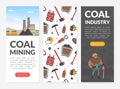 Coal Mining Industry with Miner Character and Work Equipment Vector Landing Page Template