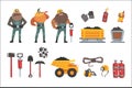 Coal mining industry set, working miners, transport, miner equipment and tools vector Illustration