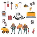 Coal mining industry set, working miners, transport, miner equipment and tools vector Illustration