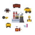 Coal mining industry and transportation vector illustration. Coalmine factory, rocks of coal, coalplough machine and