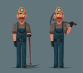 Coal mining. Miner character and tools. Cartoon vector illustration