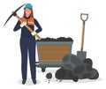 Coal mining, woman miner with pickaxe, hard work, worker in protective helmet, suit, pieces of coal Royalty Free Stock Photo