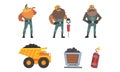 Coal and Ore Mining Industry with Bearded Man Miner and Rail Trolley Vector Set