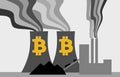 Coal power station with bitcoin cooling towers illustration, bitcoin mining using fossil fuels