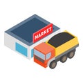 Coal transportation icon isometric vector. Dump truck with coal market building Royalty Free Stock Photo