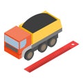 Coal transportation icon isometric vector. Dump truck with coal and red ruler