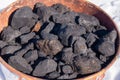 Bucket with black coke charcoal for heat Royalty Free Stock Photo