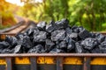 Coal wagon mining and export symbol with copy space on blurred background for text placement