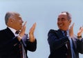 Coalition Partners Yitzhak Shamir and Shimon Peres in Jerusalem in 1986