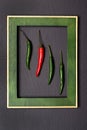 A coalition of red and green: a tangy pair of fresh chili pods against a black background in a portrait frame. Table top view,