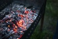 Coals in brazier. Heat from firewood. Burning wood. Grill for cooking Royalty Free Stock Photo