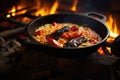 coals and flames under cast iron pan with risotto cooking