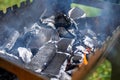 Coals smolder in a barbecue with smoke Royalty Free Stock Photo