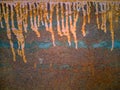 Coarse rusty surface of iron with drips of dirty yellow oil paint. Royalty Free Stock Photo