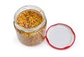 French mustard in small glass jar with open red lid Royalty Free Stock Photo