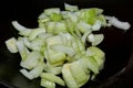 Coarsely chopped onions, in a black frying pan. Sunflower or olive oil in the background