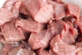 Coarsely chopped pieces of beef. The concept of cholesterol food. Raw meat before cooking