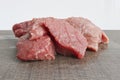 Coarsely chopped pieces of beef. The concept of cholesterol food. Raw meat before cooking.