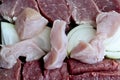 Coarsely chopped pieces of beef, pork, chicken, onion. The concept of cholesterol food. Raw meat before cooking