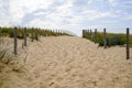 Coast access sandy pathway with fence to ocean beach atlantic coast at Cap Ferret in France Royalty Free Stock Photo