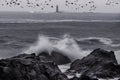 Coast of the Atlantic Ocean. Gloomy weather, waves crashing on the rocks en shore, a lighthouse far into the sea.