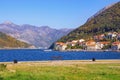 Coast of bay. Beautiful Mediterranean landscape on sunny autumn day. Montenegro, Adriatic Sea. View of Kotor Bay