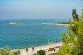 The coast and beaches of Turkey Alanya. Landscape of the seashore from a height. Vacation on the beach in Turkey High